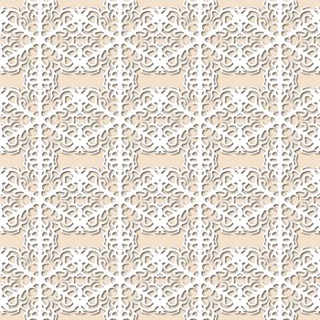 White snowflakes on pale pink, beige background, damask ornament seamless pattern. Paper cut style with drop shadows and highlights.