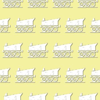 White retro train, locomotive silhouette on pale green background, seamless pattern. Paper cut style with drop shadows and highlights.