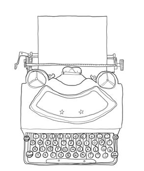 black Typewriter vintage with paper line art illustration