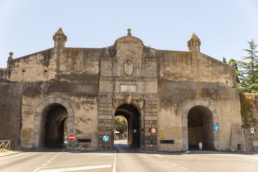 orbetello,italy july 26 2020:arched structure for the entrance to orbetello