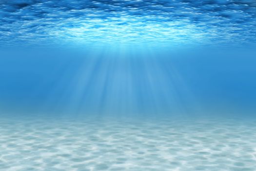 Ocean underwater scene with sandy seabed and light rays. Blue decorative background.