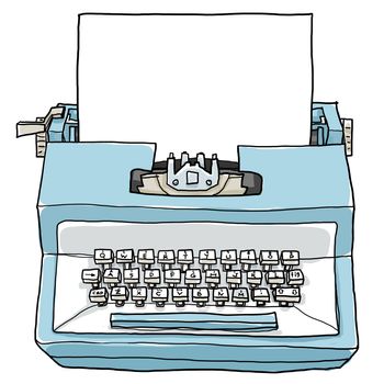 blue typewriter vintage toy with paper cute hand drawn art illustration