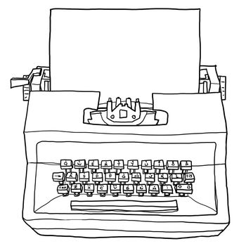 typewriter vintage toy with paper cute hand drawn line art illustration