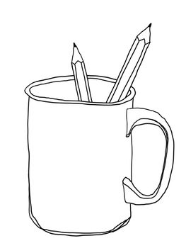 cup stoneware mug and pencil cute line art illustration