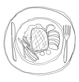 steak in dish cute lineart illustration