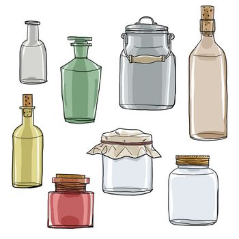 set of  hand drawn empty jars and bottles vintage art cute illustration