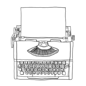 Orange Typewriter vintage with paper  line art illustration