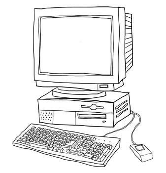 old computer desktop  cute line art illustration 