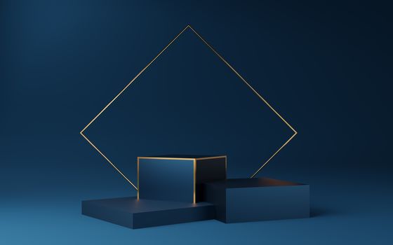 Empty blue cube podium with gold border  and gold square on blue background. Abstract minimal studio 3d geometric shape object. Mockup space for display of product design. 3d rendering.