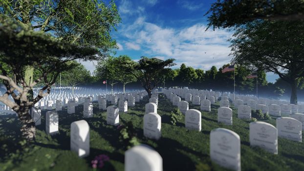 Graves, Headstones and US flags at Arlington National Cemetery
