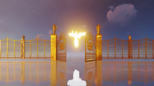 Golden gates of heaven opening to reaveal glowing angel and flying white doves
