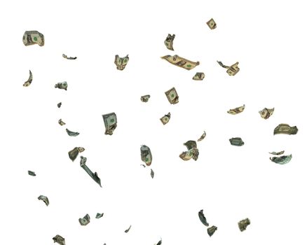 1 US Dollar Crumpled Banknotes flying, against white, clipping path included
