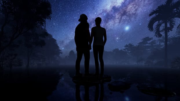 Couple in love sitting on a stone on a lake surrounded by tropical jungle against starry sky