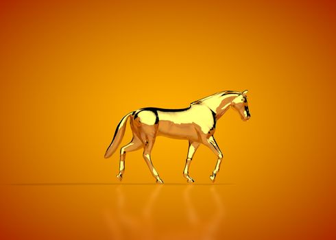 Golden horse galloping, in orange studio
