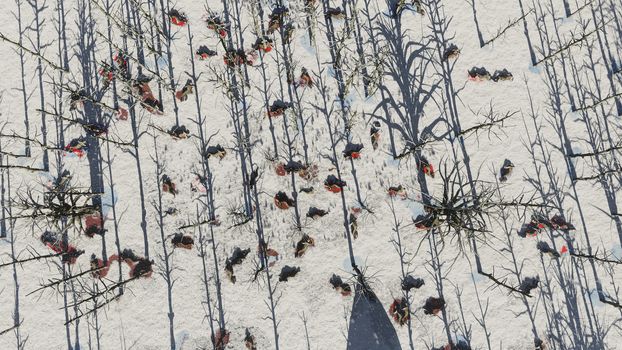 Dead soldiers laying in blood, scattered over snow forest, upper view