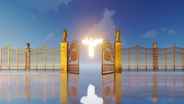 Golden gates of heaven opening to reaveal glowing floating angel