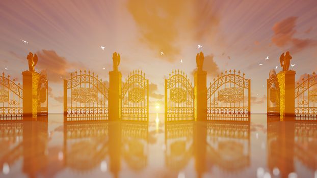 Golden gates of heaven opening against magical sunset and flying white doves