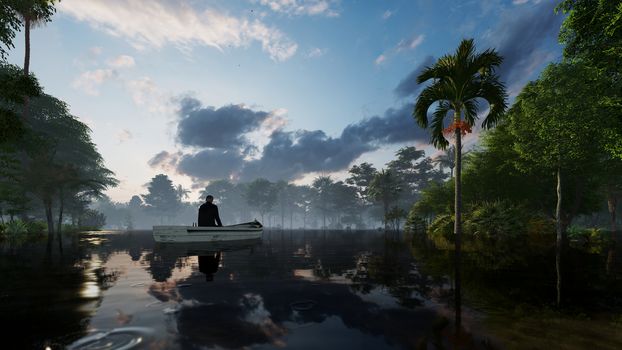 Fisherman on lake in tropical jungle against evening sky