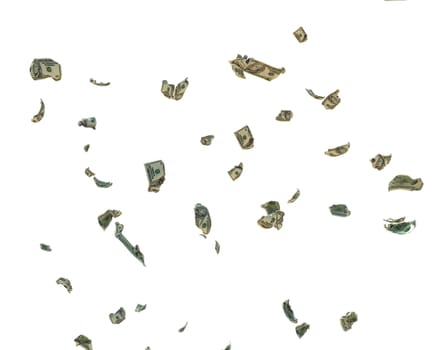 10 US Dollar Crumpled Banknotes flying, against white, clipping path included