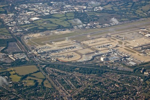 View from the air of London Gatwick Airport in West Sussex. The residential areas of Hookwood and Horley are in the foreground.