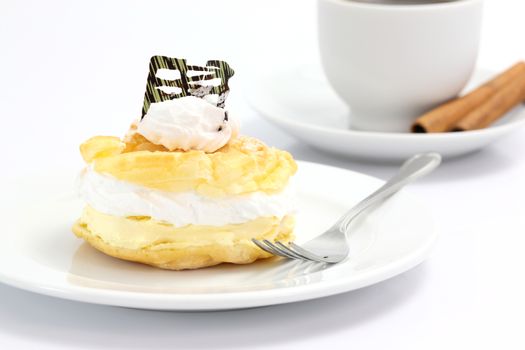 Cream puff cake Dessert and coffee isolated in white background