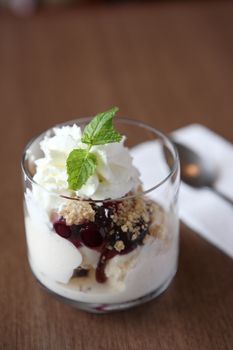 Vanilla ice cream with blue berry topping on wood background