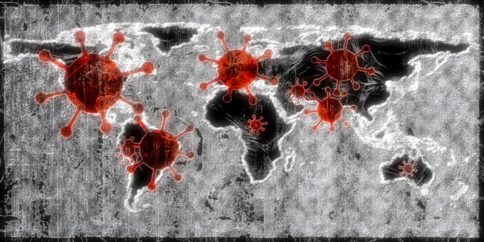 3D-Illustration of a world map showing the corona virus covid-19 hotspots in the United States and Europe.