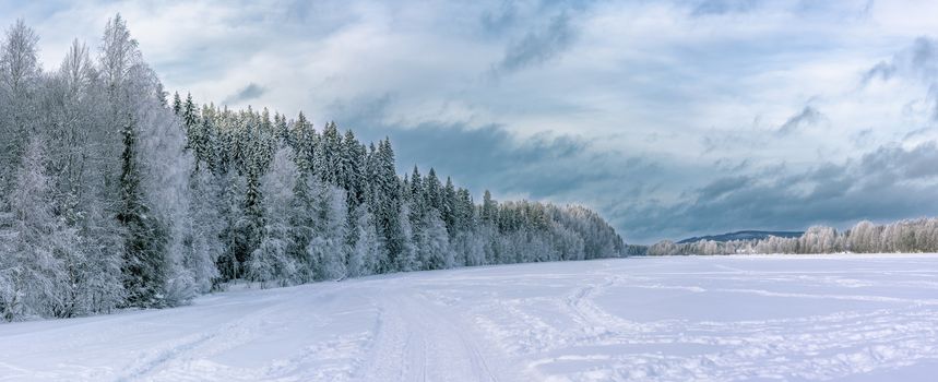 Panorama over winter forest, frozen river and heavy dark blue snowy clouds above. Typical Northern Sweden landscape - birch and spruce tree covered by hoarfrost - very cold day, Lappland, Sweden