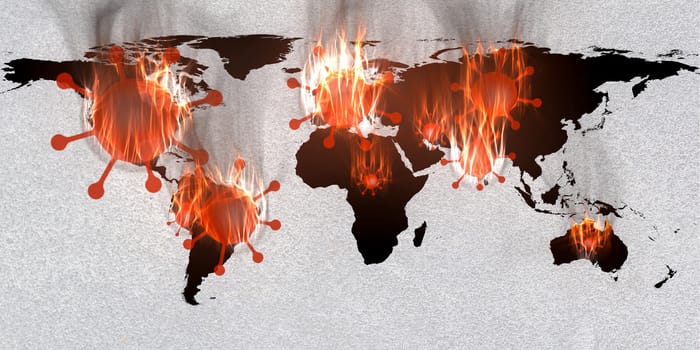 3D-Illustration of a world map showing the corona virus covid-19 hotspots in the United States and Europe.