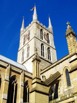 Southwark Cathedral London Bridge England UK largely rebuilt in a Norman Gothic style and has a memorial to William Shakespeare and is a popular tourist travel destination landmark of the city stock photo