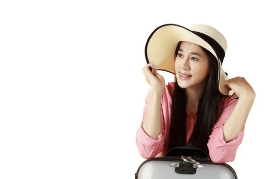 Asian women long hair wear Straw hat  with travel bag .Copy space. Feamle ready to travel with suitcase  on white background. Summer travel concept.