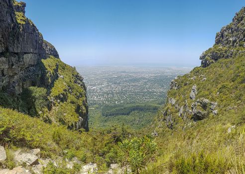 Amazing view from Table Mountain National Park in Cape Town to the Claremont area in South Africa.