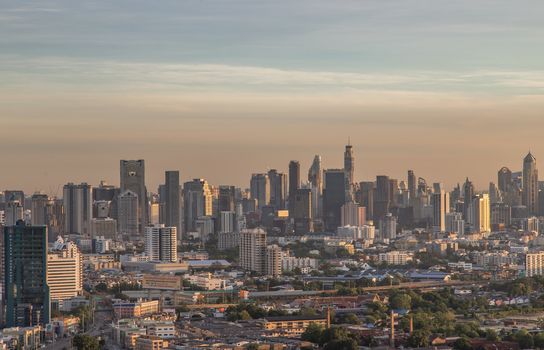 Bangkok, Thailand - Jun 28, 2020 : City view of Bangkok before the sun rises creates energetic feeling to get ready for the day waiting ahead. Selective focus.