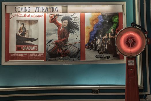 Bangkok, Thailand, Jul 03, 2020 : The classic moment of movie poster with red vintage scale at The Scala cinema.