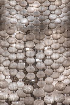 Close-up shot of White gorgeous vintage chandelier decoration.