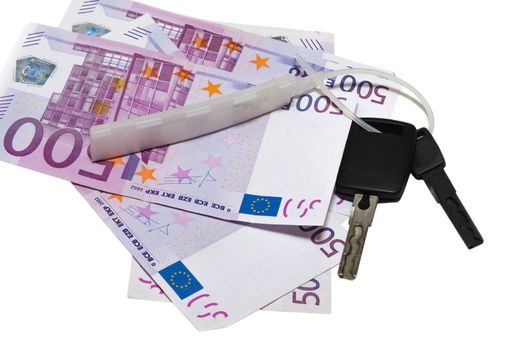 on a white background, car keys, currency, 500 Euro