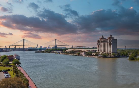 The hotel across the Savannah River from River street next to the Convention Center