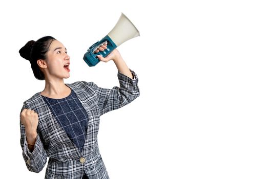 Business woman with mega speaker on isolated white