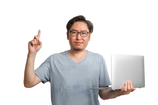 Business people holding laptop on isolated white