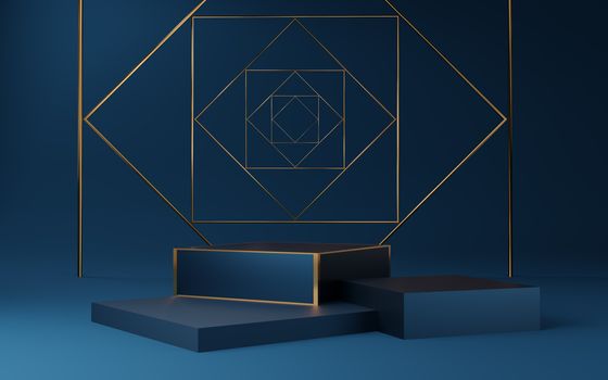 Empty blue cube podium with gold border  and gold square on blue background. Abstract minimal studio 3d geometric shape object. Mockup space for display of product design. 3d rendering.