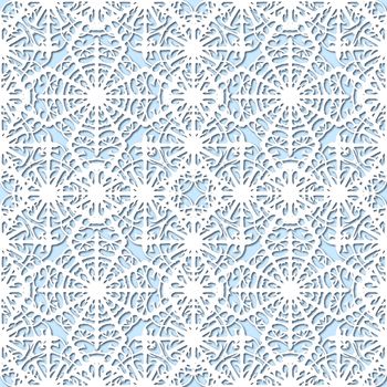 White snowflakes on pale blue background, damask ornament seamless pattern. Paper cut style with drop shadows and highlights.