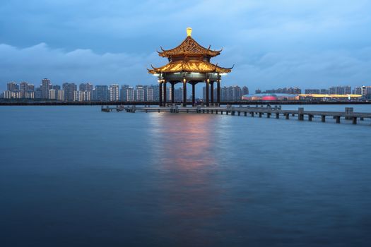 City landscape around the lake. Photo in Suzhou, China.