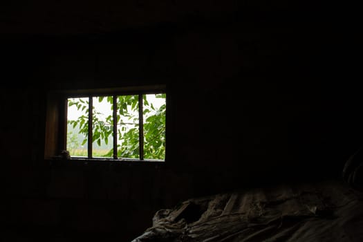 Light enters a dark barn through a small window in which a green tree is visible