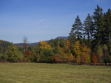 meadow with autumn colorful forest and trees and hills with lookout tower and blue sky landscape in luzicke hory mountain