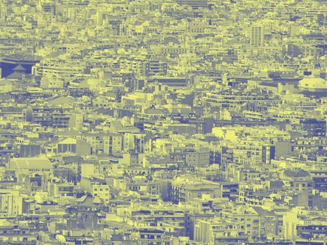 a blue and yellow duotone crowded urban cityscape background with hundreds of densely packed buildings