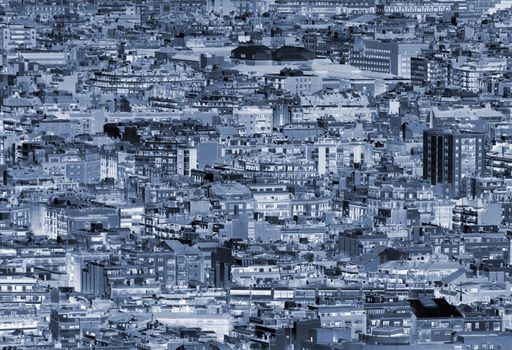 full frame abstract blue duotone modern cityscape urban landscape with dense crowded buildings