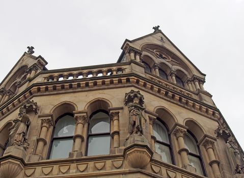 close up detail view of bradford city hall in west yorkshire a victorian gothic revival sandstone building with statues and clock tower