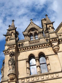 close up detail view of bradford city hall in west yorkshire a victorian gothic revival sandstone building with statues and clock tower