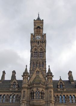 close up view of the front of bradford city hall in west yorkshire a victorian gothic revival sandstone building with statues and clock tower