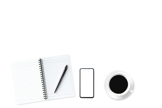 Flat lay composition with notebook, pen, hot coffee on white background.